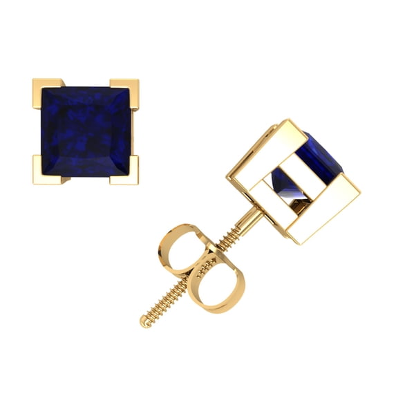 2.00Carat Princess Blue Sapphire Basket Stud Earrings 14k Yellow Gold V-Prong AAA Quality