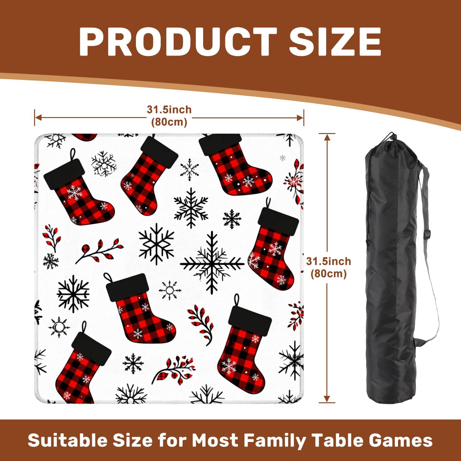 Mahjong Mat 31.5" x 31.5" Buffalo plaid Christmas stocking seamless Checkered socks snowflakes Non-Slip Noise Reduction American Mahjong Tiles Table Cover for Dominoes Poker Card Board Games Gift