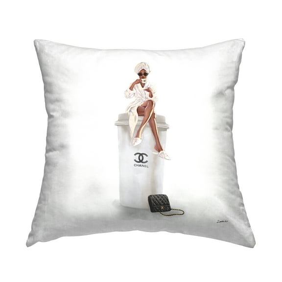 Stupell Industries Woman Sitting Upscale Brand Fashion Coffee Cup Design by Ziwei Li Throw Pillow
