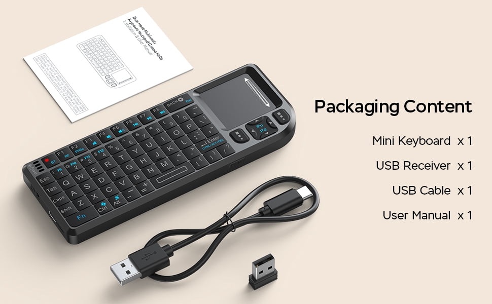 Mini Wireless Keyboard, Handheld Bluetooth Keyboard with Sensitive Touchpad, 2.4G/Bluetooth 5.1 Dual Mode Rechargeable Portable, for Smart TV/PC/Tablet/Phone, Suitable for Travel, Office and Home Use