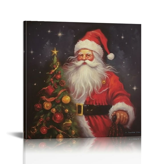 JRXY Christmas Wall Art Santa Claus and Christmas Tree Oil Painting Canvas Posters for Home Decor 16x16in 12x12 in