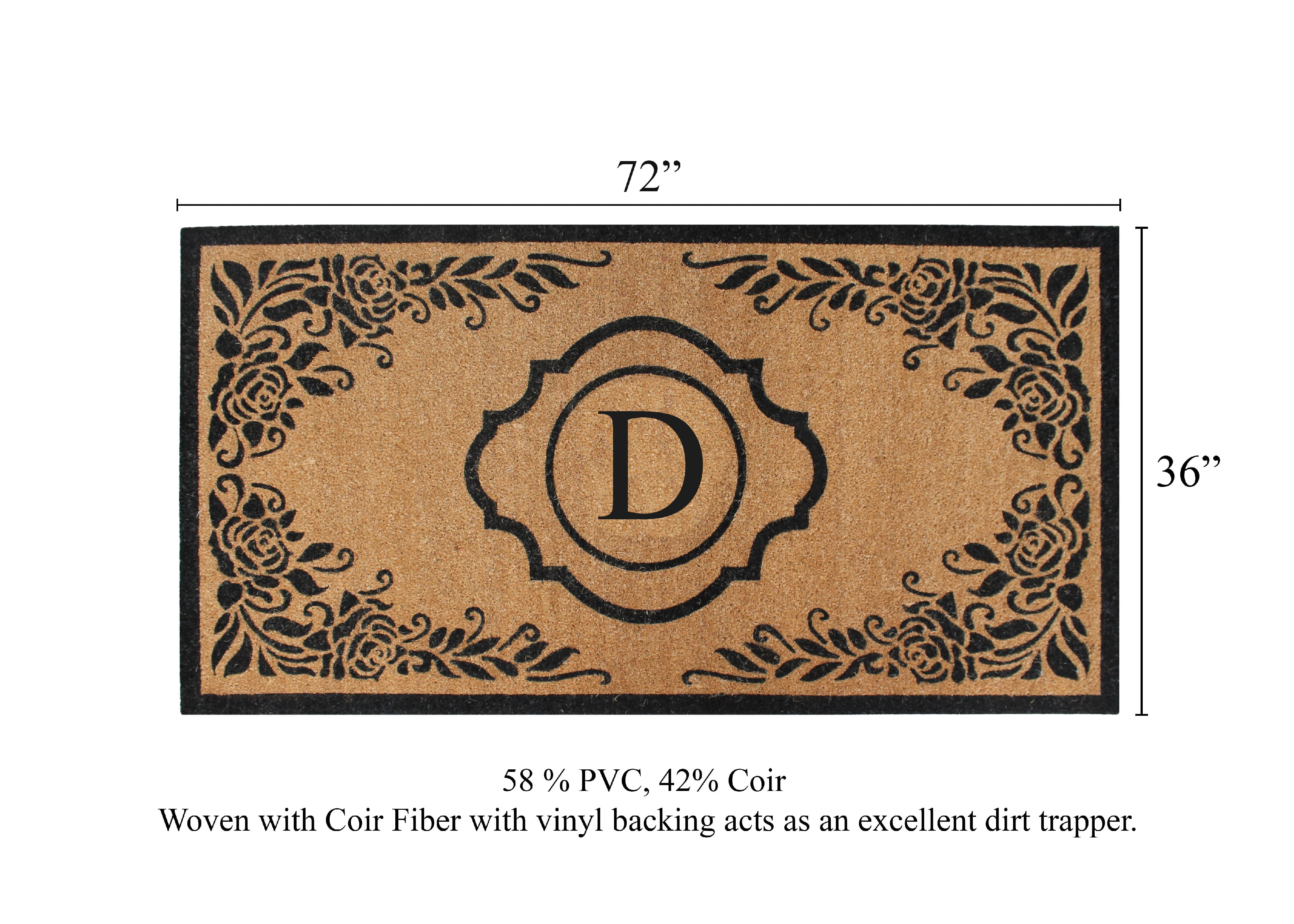 A1HC Natural Coir Monogrammed Floral Door Mat, 36"x72", Durable Anti-Shed Outdoor Door Mat, Heavy-Duty, Low-Profile, Easy to Clean
