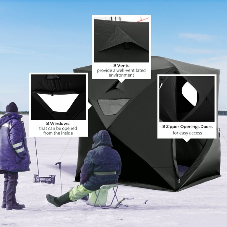 Outsunny 4 Person Ice Fishing Shelter, Waterproof Oxford Fabric Portable Pop-Up Ice Tent with 2 Doors for Outdoor Fishing - Black