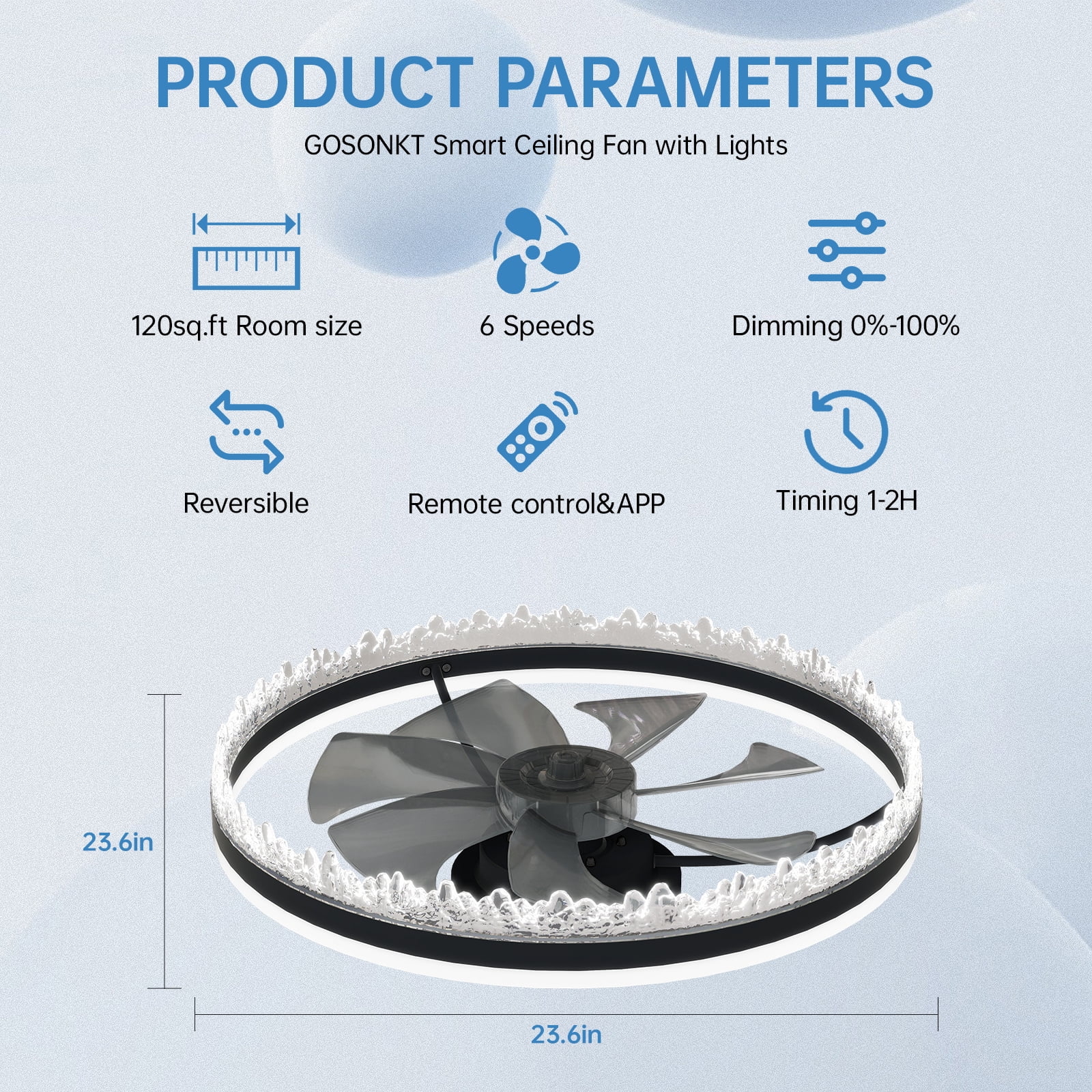 Miniyam Smart LED Fan Light – Flush Mount Crystal Ring Design, Reversible Airflow, 6 Speeds, Ideal for Bedroom & Living Room