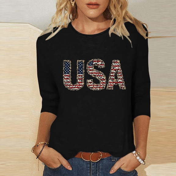 Vetsdori American Flag T Shirts for Women Plus Size 3/4 Sleeve Graphic Pullover Summer Crew Neck July 4th,Red White and Blue Independence Day Ladies Tops Casual