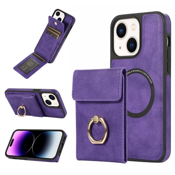 for iPhone 14 Case Wallet, with PU Leather Detachable Card Holder Compatible with Magsafe, Durable Protection Magnetic Phone Case with Ring Kickstand for iPhone 14, Purple