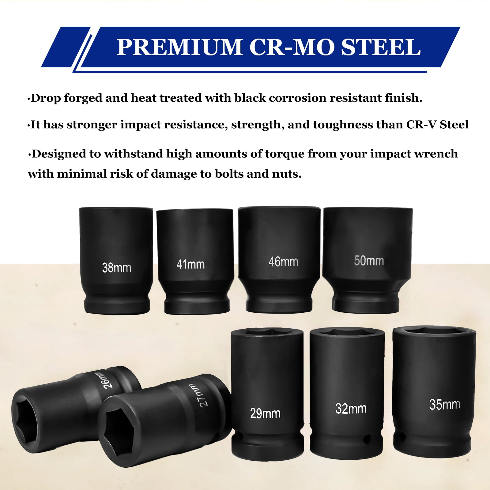 iMeshbean Impact Socket Set 9-Piece 1"Deep Drive Impact Socket Set for Automotive and DIY Projects, Includes 26/27mm, 29/32/35/38/41/46/50mm Jumbo