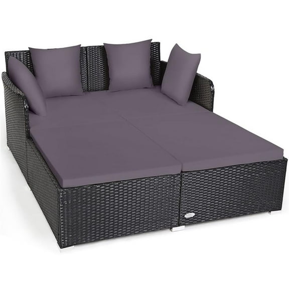 Pemberly Row Outdoor Patio Rattan Daybed Cushioned Sofa Furniture Gray