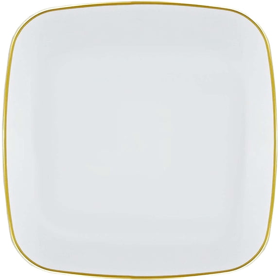 (10 PACK) EcoQuality 10" inch Disposable Square White Plastic Plates with Gold Rim, China Like Party Plates, Heavy Duty Dinner Plate, Salads, Weddings, Baby Showers, Catering, Non Toxic