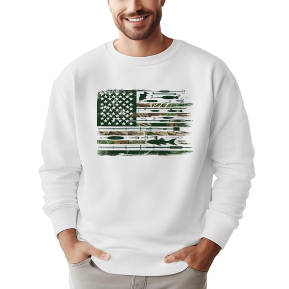 Fishing Flag Sweatshirt for Men Outdoor USA Flag Fishing Pullover for Fisherman White Sweatshirt Adult Small