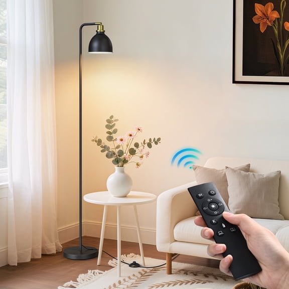 EDISHINE 61in Arc Reading Floor Lamp with Remote Control, LED Bulb Included, 350° Rotatable Metal Shade, Stable Weighted Base, Black Modern Standing Lamp for Living Room, Bedroom, Office