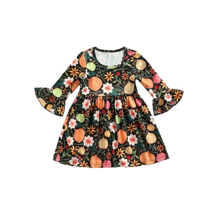 

Kids Halloween Outfit Pumpkin/Ghost Print Flared Sleeves Dress