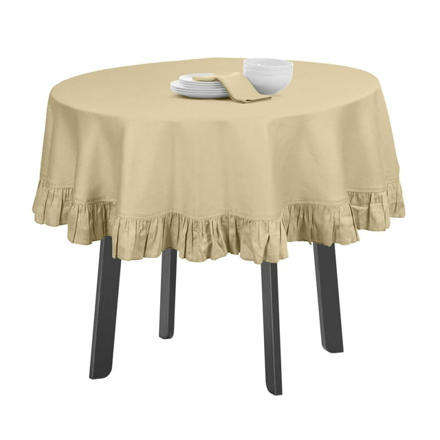 Vargottam Cotton Table Linens Ruffle Tablecloth, Round Table Cover Protector Solid Tablecloth, Farmhouse Tabletop Washable, Beige-54 Inches Diameter