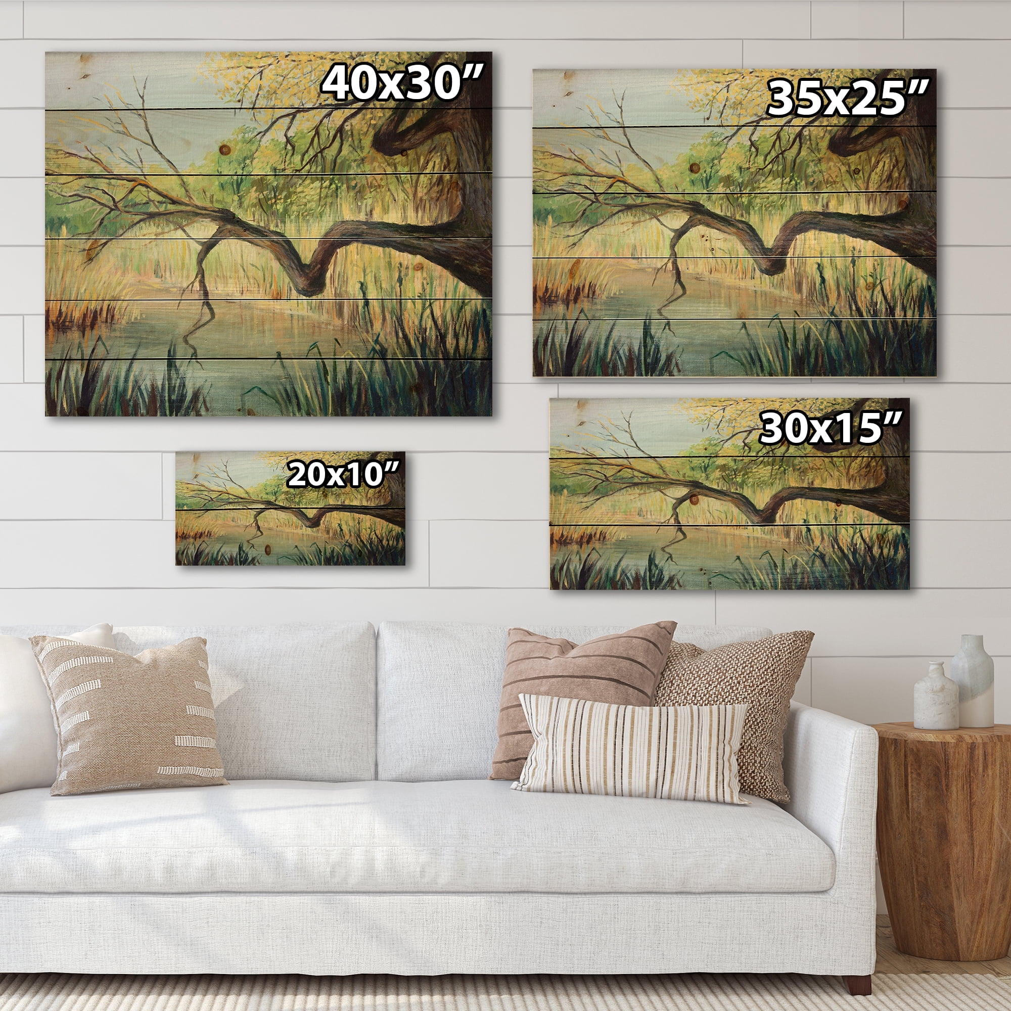 Designart 'The Lake of Silence From The Tree' Lake House Print on Natural Pine Wood