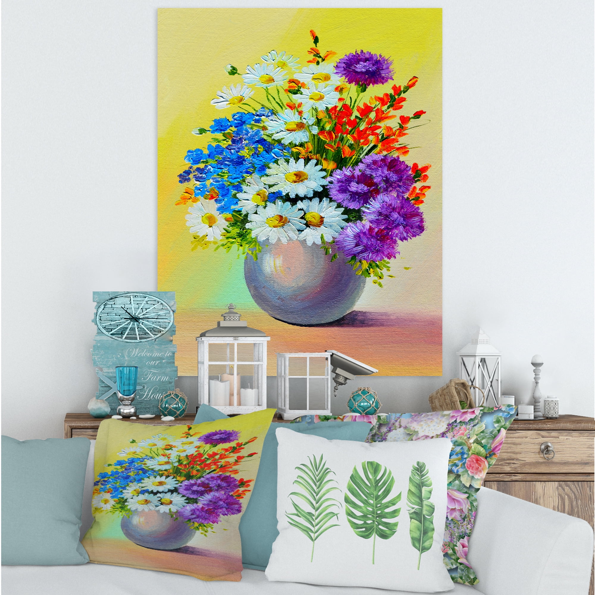 Designart ' Still Life A Bouquet Of Red Blue & White Flowers ' Traditional Canvas Wall Art Print