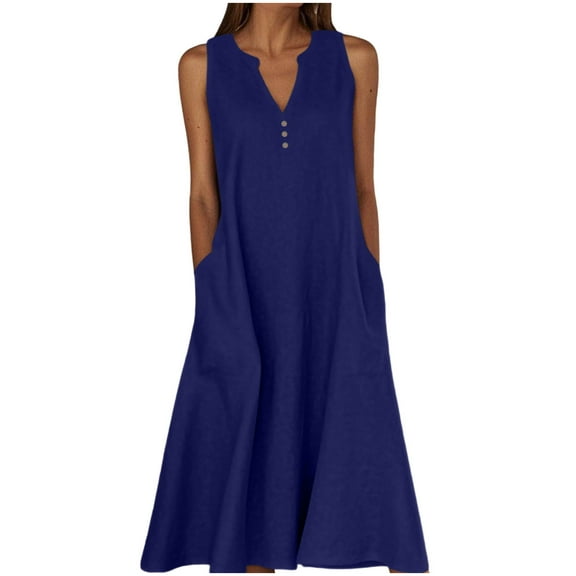 Efsteb Linen Dresses for Women Plus Size Button V Neck Sleeveless Tank Dress Casual Cotton Loose Long Dress with Pockets (Navy,XXL)