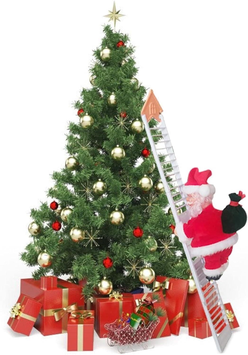 Christmas Electric Climbing Santa with Music & LED Light, Electric Climbing Ladder Santa Claus Doll for Xmas Tree Decorations Hanging Christmas Ornaments Tree Decor Holiday Party Gift