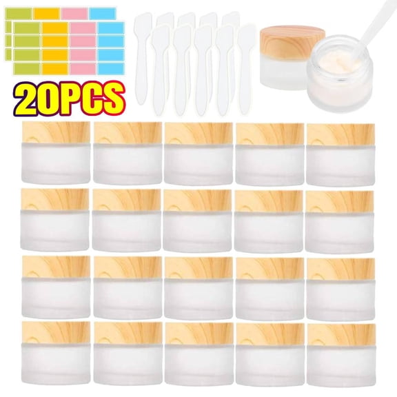 20 Packs Empty Sample Jars Frosted Glass Cream Jar Bottle with Wood Grain Lid Cosmetic Containers Glass Cream Box Refillable Glass Cream Jar Pot