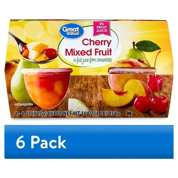 (6 pack) Great Value Cherry Mixed Fruit in 100% Juice, 4 oz, 4 Count