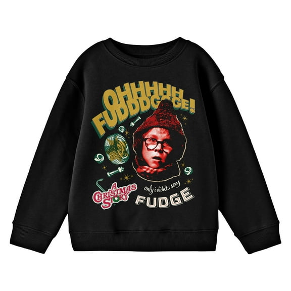 A Christmas Story Oh Fudge Crew Neck Long Sleeve Youth Black Sweatshirt-Medium