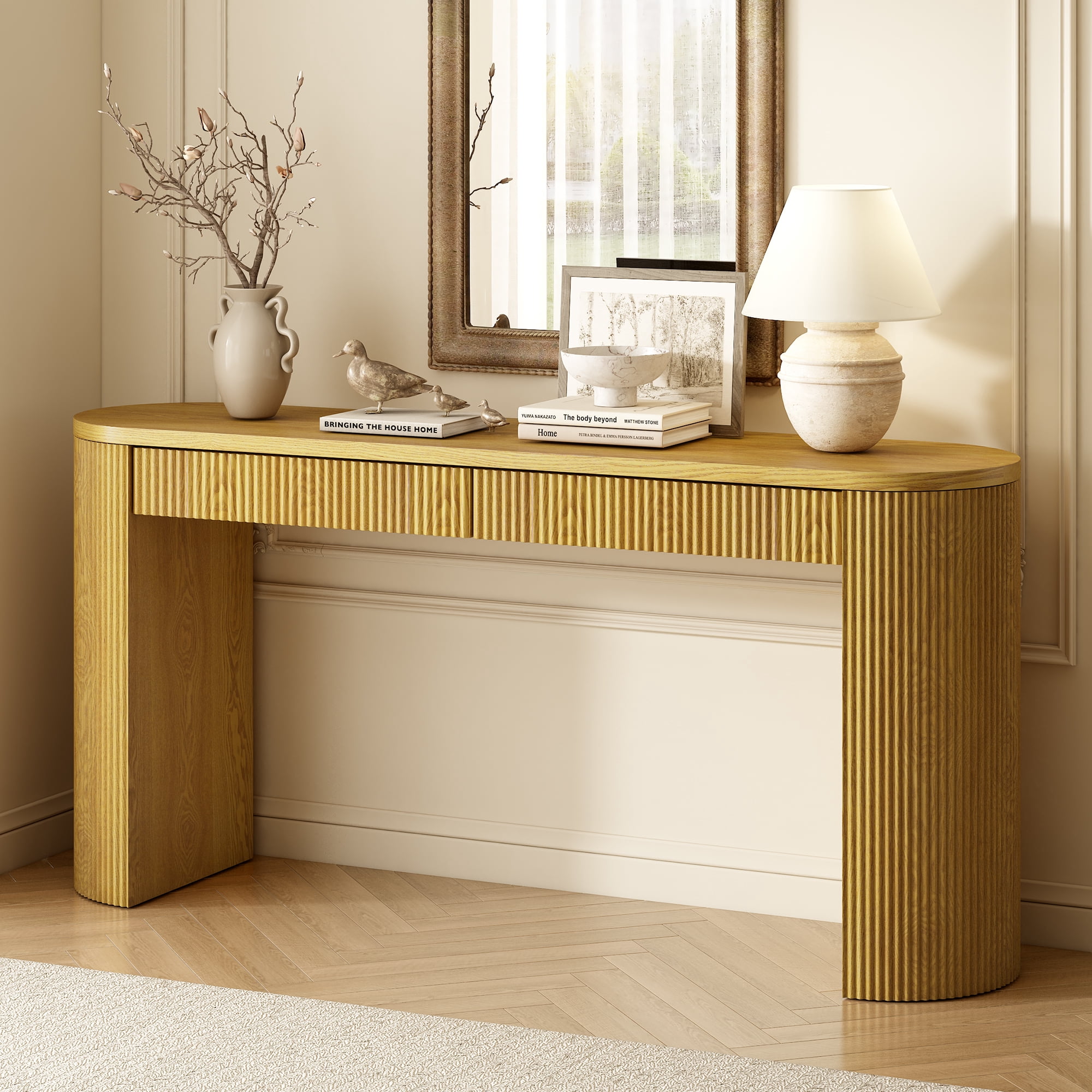 Aukfa Wood Console Table with 2 Drawers,Vertical Striped Sofa Table for Entryway/Hallway,Save Space Natural