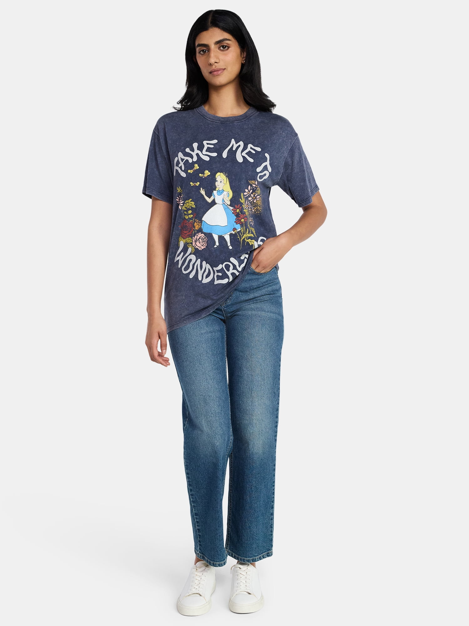 Alice in Wonderland Women's Washed Graphic Tee with Short Sleeves, Sizes XXS-XXL
