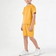 thumbnail image 6 of Boys Girls Summer Outfits Comfy Solid Color Casual Short Sleeve Round Neck T-Shirt + Shorts 2 Pieces Tracksuits Sets with Pockets Yellow 3-4 Years, 6 of 7