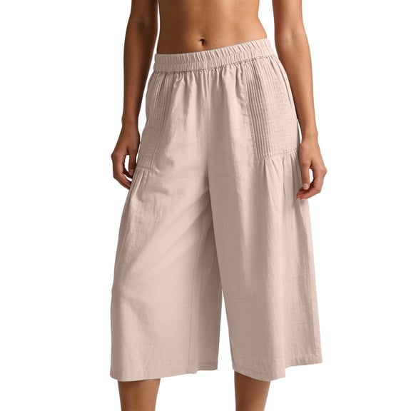 cocolona Womens Summer Casual Palazzo Capri Pants Elastic Waist Straight Wide Leg Cropped Trousers with Pleated Pocket