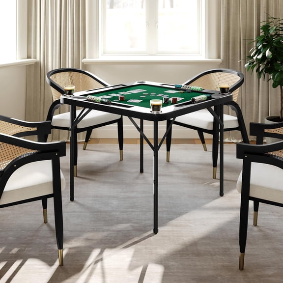 34.5" Folding Game Table w/ Cupholders, Black Surround & Green Felt Playing Surface
