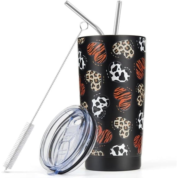 Leopard Print Tumbler 20OZ, Travel Coffee Mug with Lid and Straw, Insulated Stainless Steel Cup, Durable Powder Coated Suitable for Ice Drinks and Hot Beverage, Gifts(Black Leopard Print Love Heart)