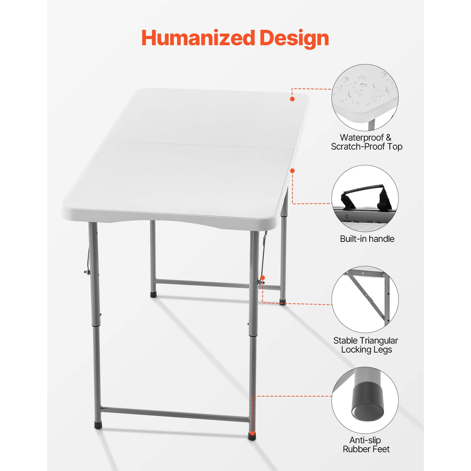 Folding Table, 4 Ft Heavy Duty Portable Fold-in-Half Utility Table, Indoor Outdoor Plastic Rectangle Table with Adjustable Height and Built in Handle, for Party, Dining, Picnic, Camping, White
