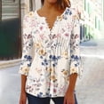 thumbnail image 2 of Pompotops Tunique Décontractée à Manches 3/4 Imprimée Florale Col en V pour Femmes Chemises Basiques d'Été Blouse Plissée Liquidation, 2 of 5