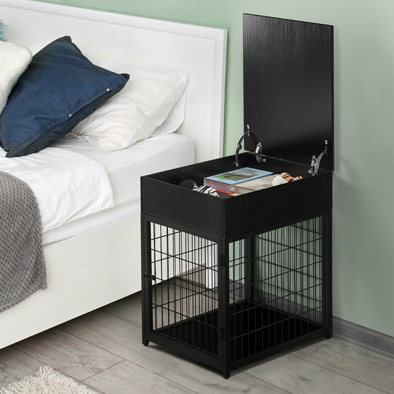 SAEWUD Wooden Dog Crate Furniture with Drawer – Multi-Functional Dog Kennel Nightstand End Table for Small to Medium Pets, Indoor Decorative Pet House – Black