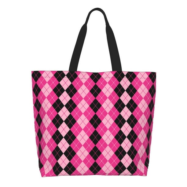 Fotbe pink and black argyle Bolsa Tote Estética de Lona con Estampado para Mujer - Bolsa Reutilizable de Hombro Casual para Vacaciones, Compras, Trabajo y Gimnasio