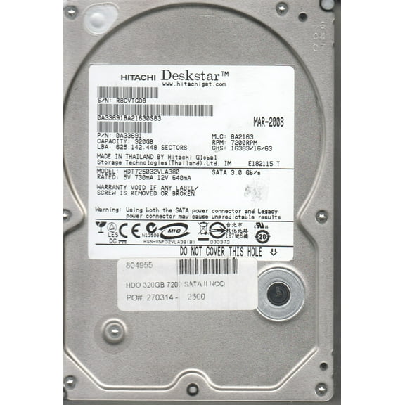 HDT725032VLA380, PN 0A33691, MLC BA2163, Hitachi 320GB SATA 3.5 Hard Drive