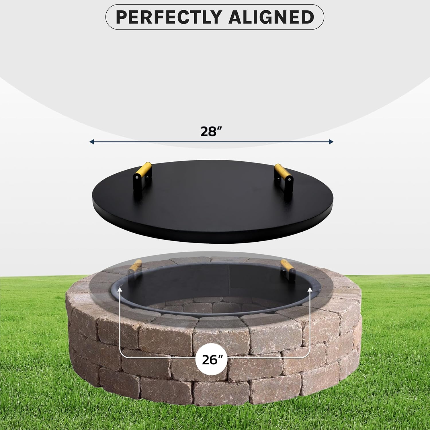 28” Round Fire Pit Lid – Heat Resistant fire pit cover round metal for Outdoor Fireplace -16 Gauge Steel Flat Fire Pit Burner Pan Cover with 2 Wooden Handles Snuffer Lid for Patio FirePit Ring