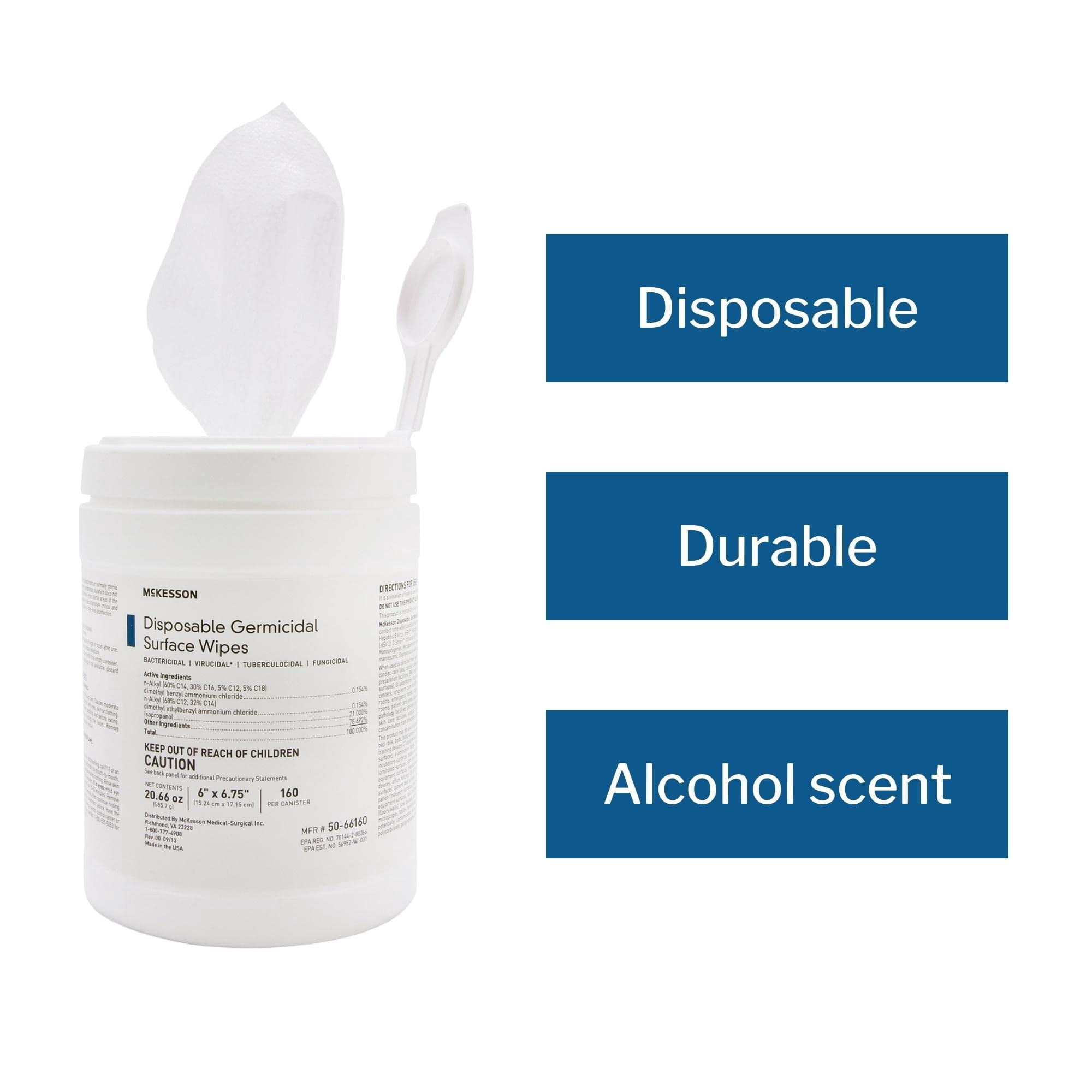McKesson Germicidal Surface Wipes, Pre-Moistened Alcohol Cleaning Wipes for Hard Surfaces, Non-Woven Cloth - 6 in x 6 3/4 in, 160 Wipes, 1 Pack