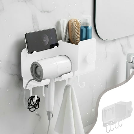 ROLKFUK Organizing Racks No Drill Hair Dryer Holder for Bathroom – Adhesive Wall Mounted Organizer with Phone Holder Towel Hooks Cord Management 5KG Load Space Saving White Plastic