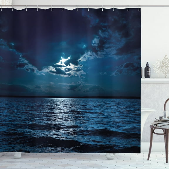 Ambesonne Night Shower Curtain, Dramatic Sky Moon Ocean, 69"Wx84"L, Dark Blue White