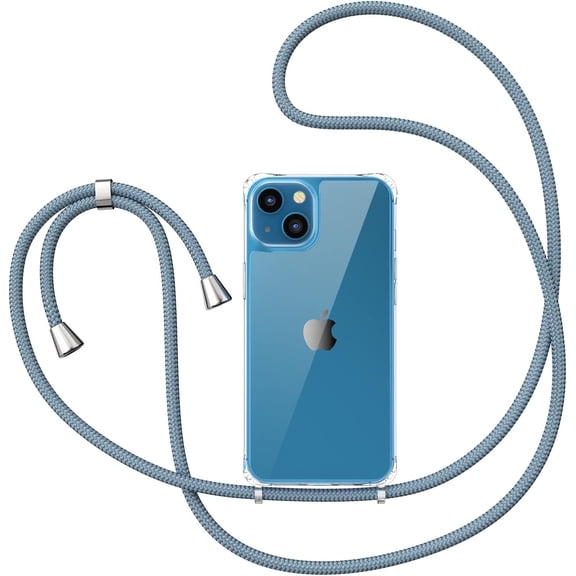 Clear Case for iPhone 14 with Adjustable Neck Lanyard Strap,Soft Slim TPU Shockproof Protective Cover for iPhone 14 6.1 inch-Grey Blue