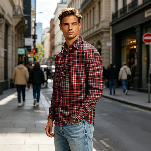 Button Down Flannel Shirt for Men Long Sleeve Plaid Casual Checkered Top Workwear Out Autumn Winter Soft Breathable Style Red S