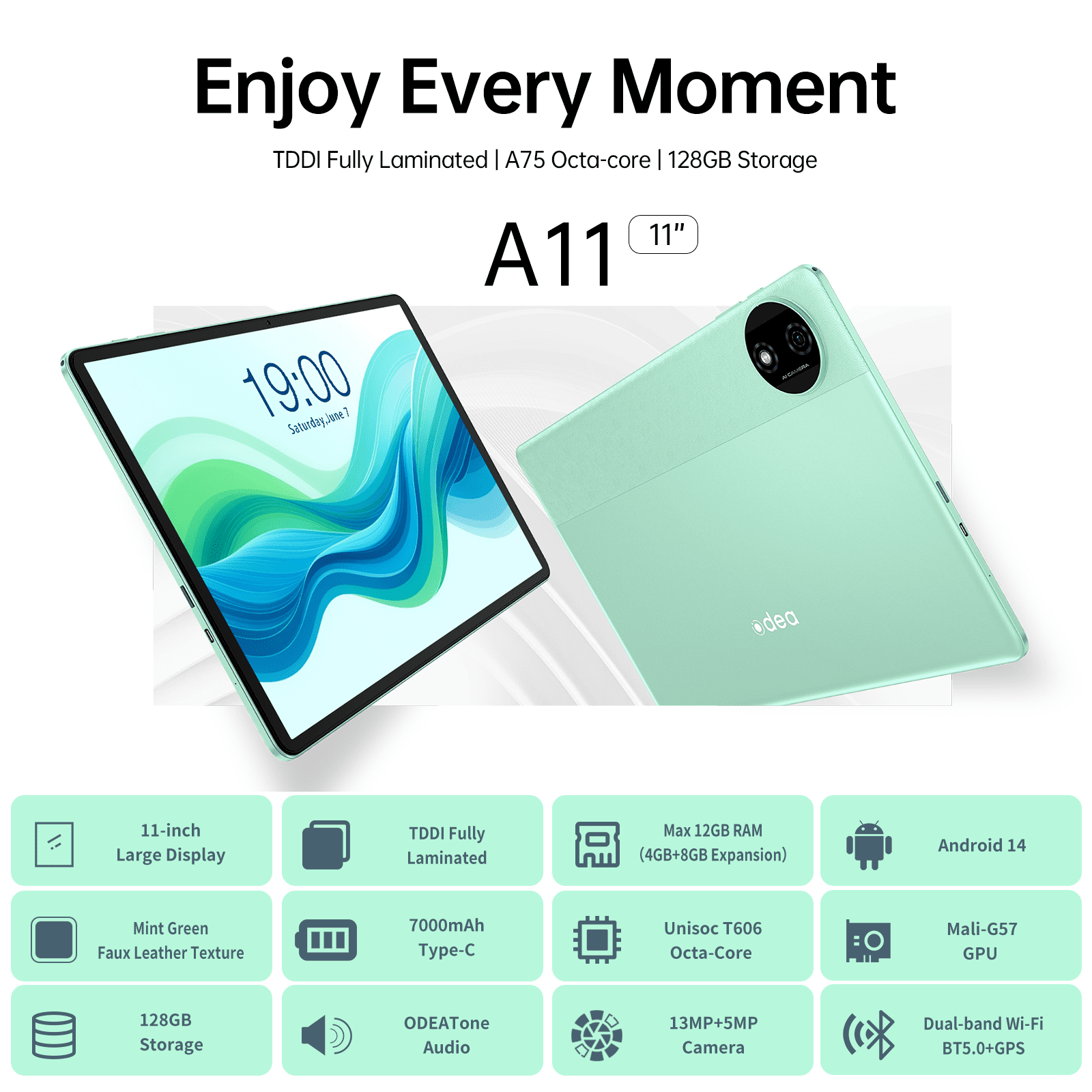 ODEA 11 Inch Tablet, A11 Android Tablets with Octa-Core Processor, 12GB RAM 128GB ROM(1TB Expand), 7000mAh, Widevine L1, Face ID, IPS Touchscreen, 5G WiFi, 13+5MP, GPS