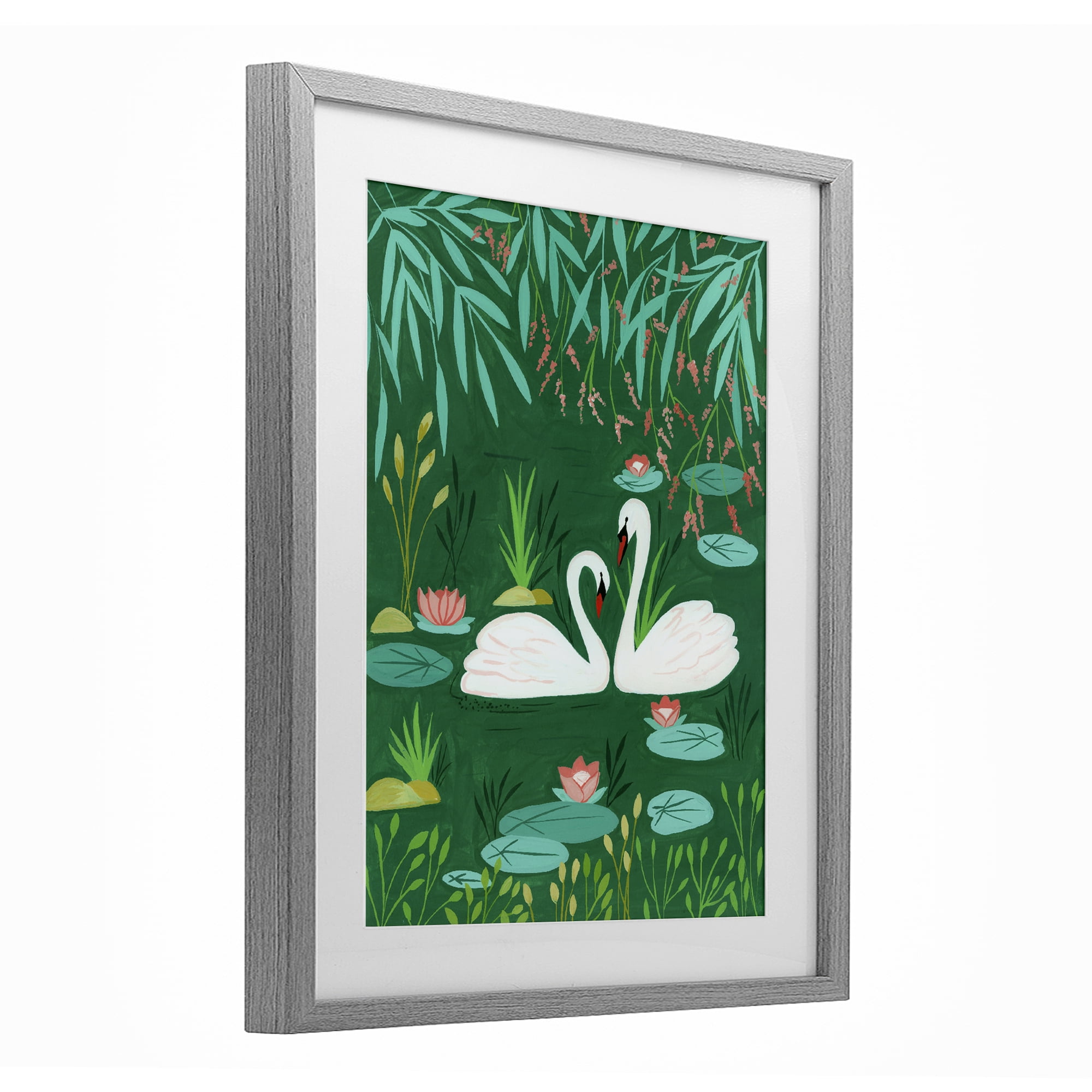 Swan Pair on Green Pond Gray Framed Print Under Glass, design by Nabeela Rumi