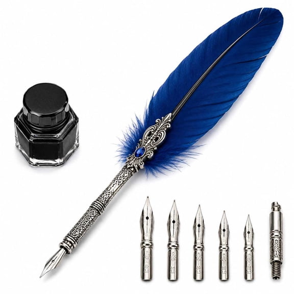 Rainbow 3D Feather Quill Pen Set - 5 Replacement Nibs | Stand Base | 15ml Black Ink | Calligraphy Writing Set | Vintage Dip Pen | Fountain Gift Set (Blue)