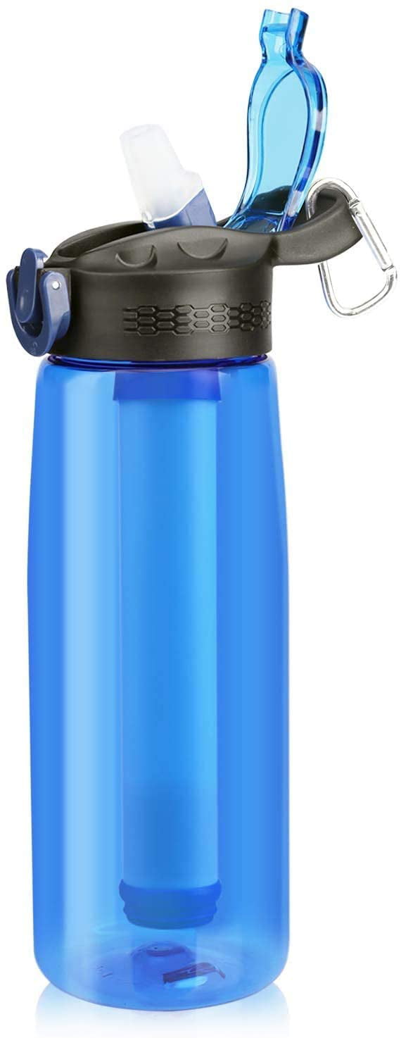 2pcs Filtered Water Bottle,BPA Free Emergency Water Purifier 3Stage Filter Straw 