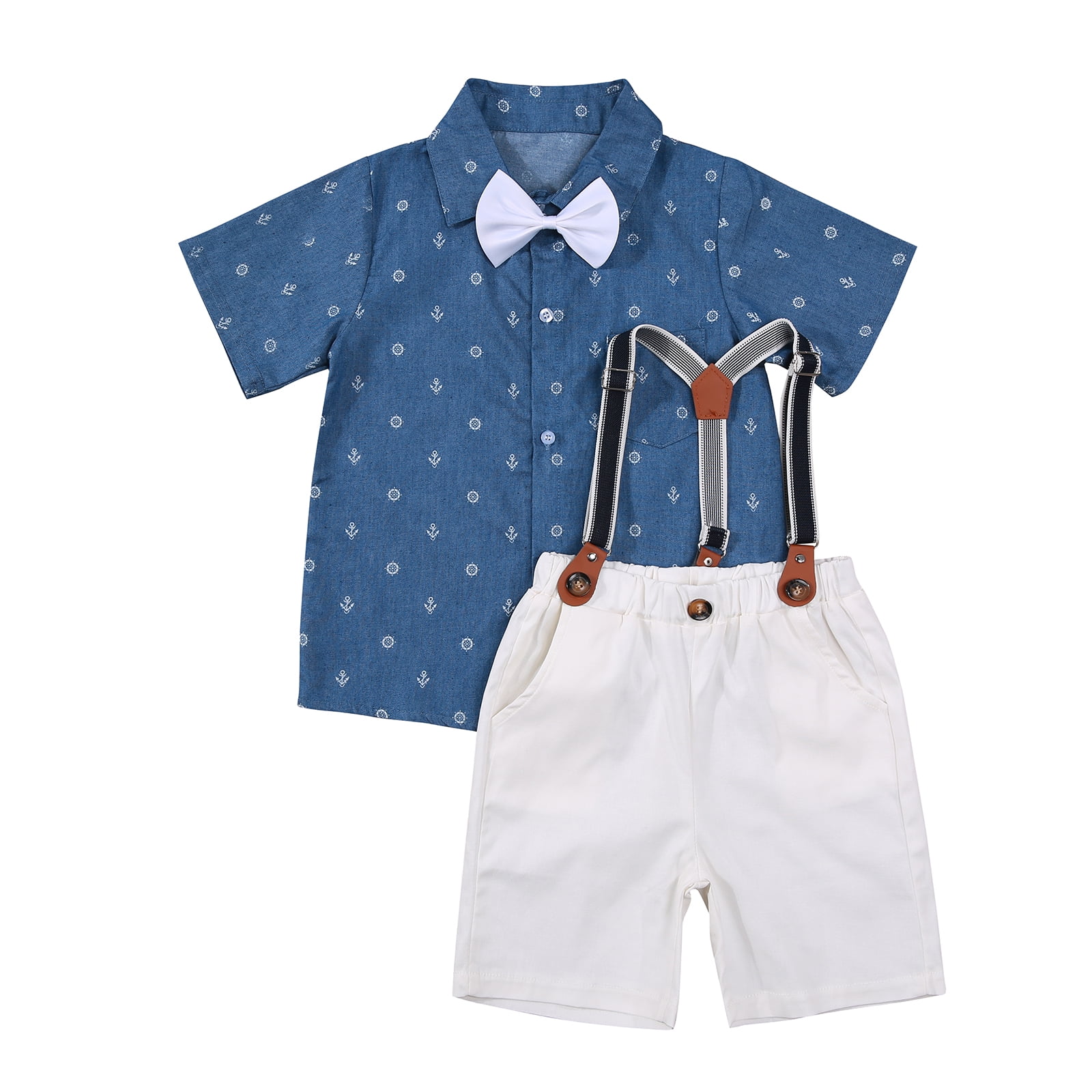 Baby Boys Gentleman Clothes Outfits Set Newborn Sailboat Short Sleeve Shirt+Bow Tie+Bib Pants Jumpsuit Overalls Suit 