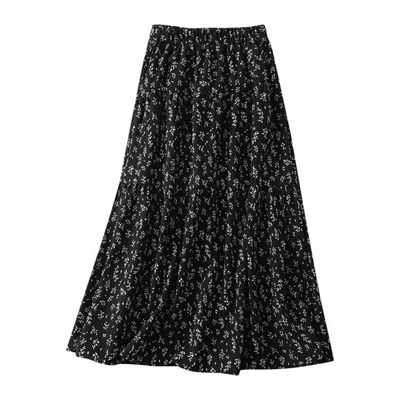 Jinhomg Women's Boho Skirts Casual Striped Print A Line Maxi Skirt Lightweight Breathable Cotton Linen Elastic Waist Flowy Skirts Comfort Daily Wear Black XXL