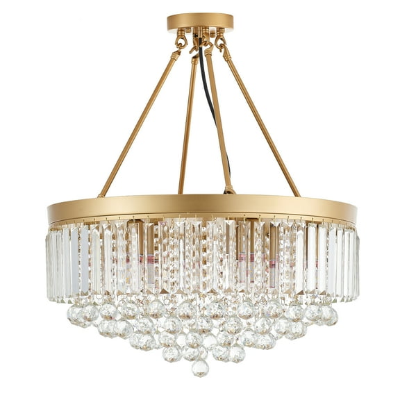 Wozzio Modern 9-Light Gold Crystal Chandelier Semi-Flush Mount/Embedded with Crystal Strings For Foyer, Bulbs Not Included