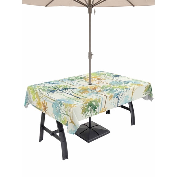 Outdoor Tablecloth with Umbrella Hole for Patio/Picnic/Party/Camping, Watercolor Forest Colorful Waterproof Table Cloth Rectangle Table Cover Washable, Abstract Art Modern Trees (60"x 84")