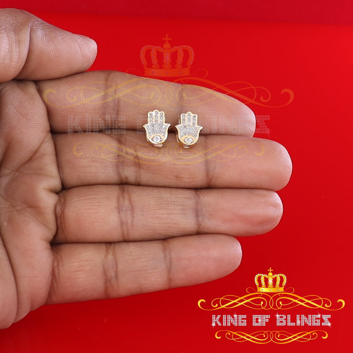 King of Bling's 925 Yellow Sterling Silver 0.15ct Diamond Stud Women's & Men's Hamsha Earrings